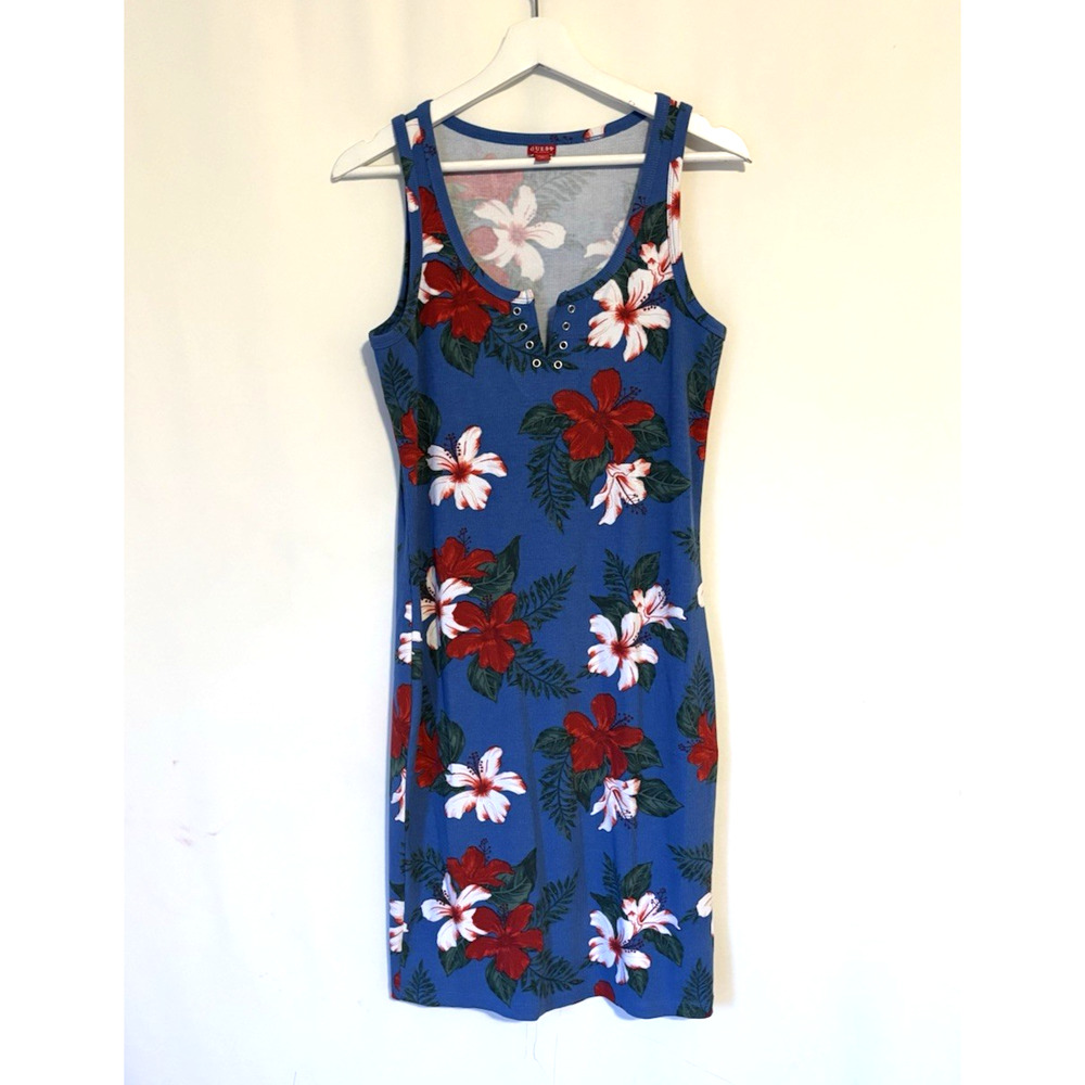 Guess Womens Dress XL Bodycon Knee Sleeveless Blue Floral Boho Stretch